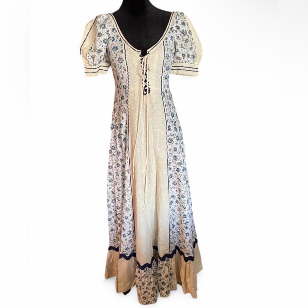 Gunne Sax Cream and Blue Floral Maxi Dress